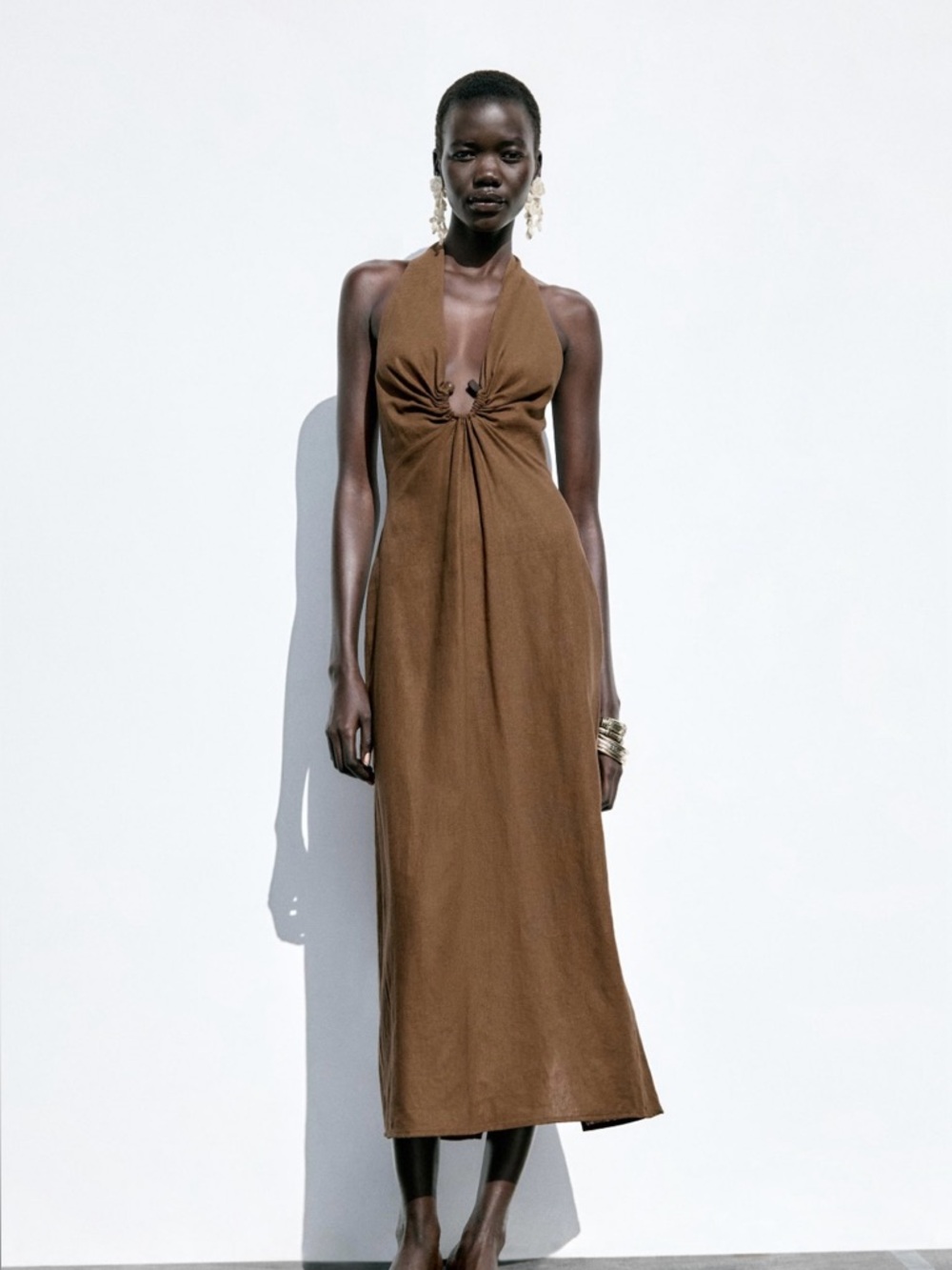 ZARA Linen Buckle Midi Dress - Brown